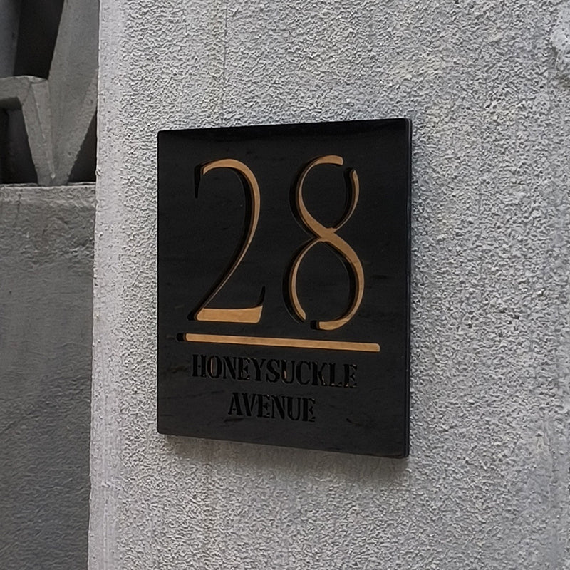 Personalized floating door number sign in matte black and copper – view 3