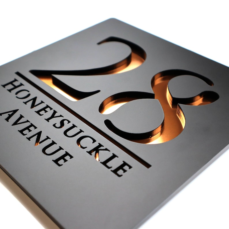 Personalized floating door number sign in matte black and copper – view 4