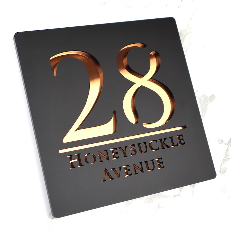 Personalized floating door number sign in matte black and copper – view 5