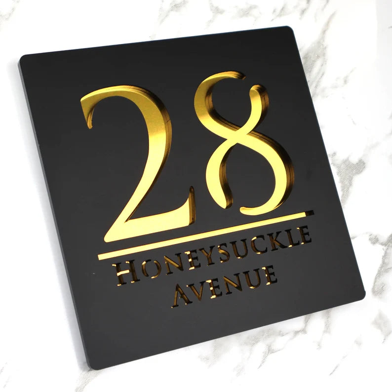 Personalized floating door number sign in matte black and copper – view 7