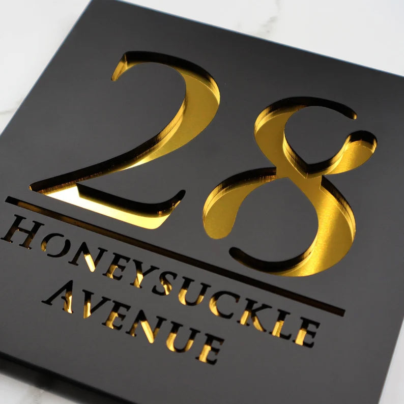 Personalized floating door number sign in matte black and copper – view 8