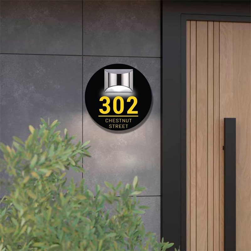 Round personalized solar door plaque with custom address text