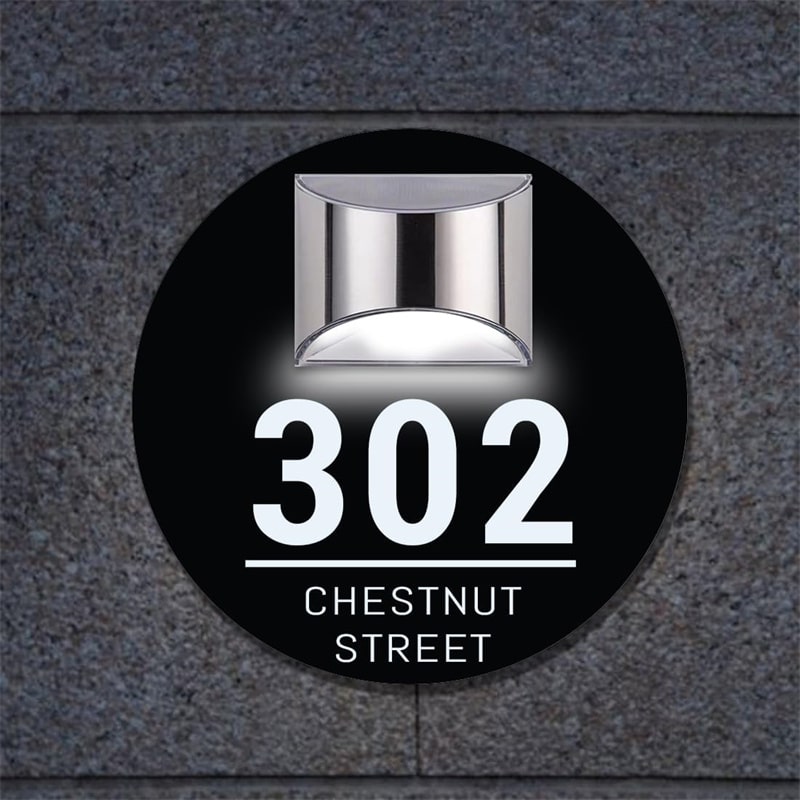 Custom round illuminated solar door plaque – view 2