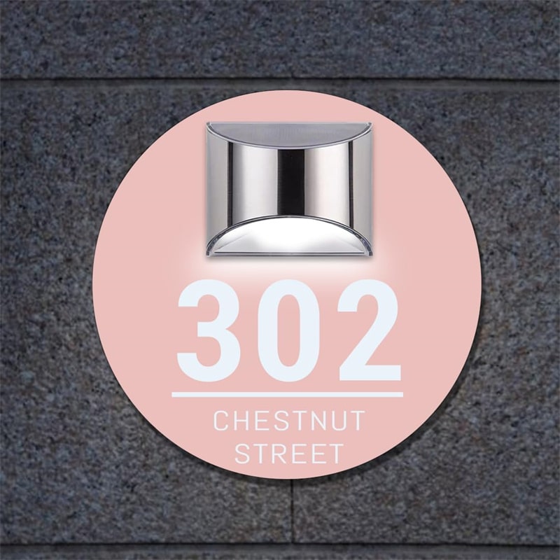 Custom round illuminated solar door plaque – view 3