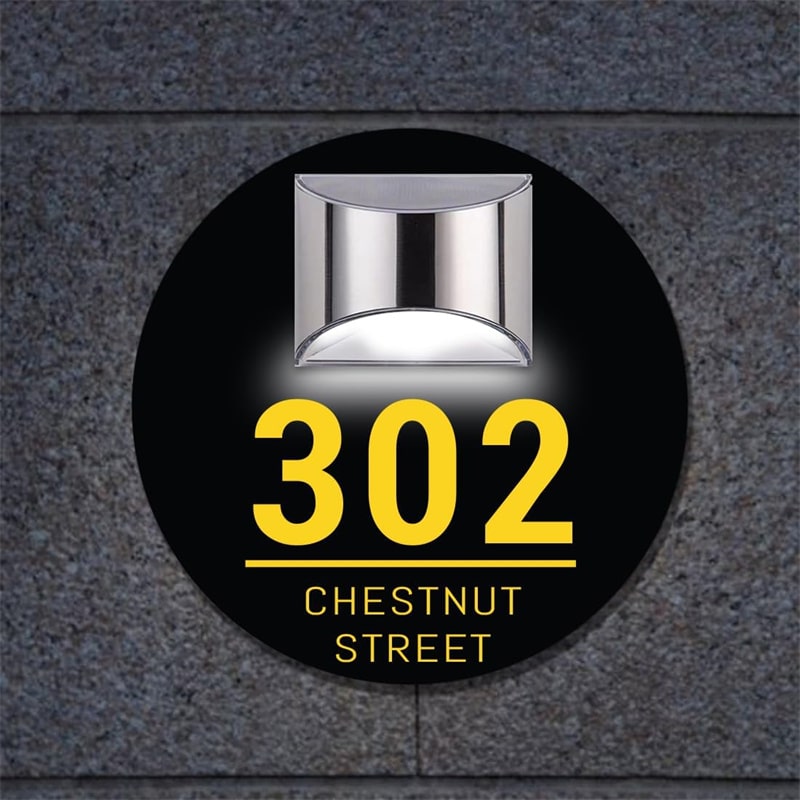 Custom round illuminated solar door plaque – view 7