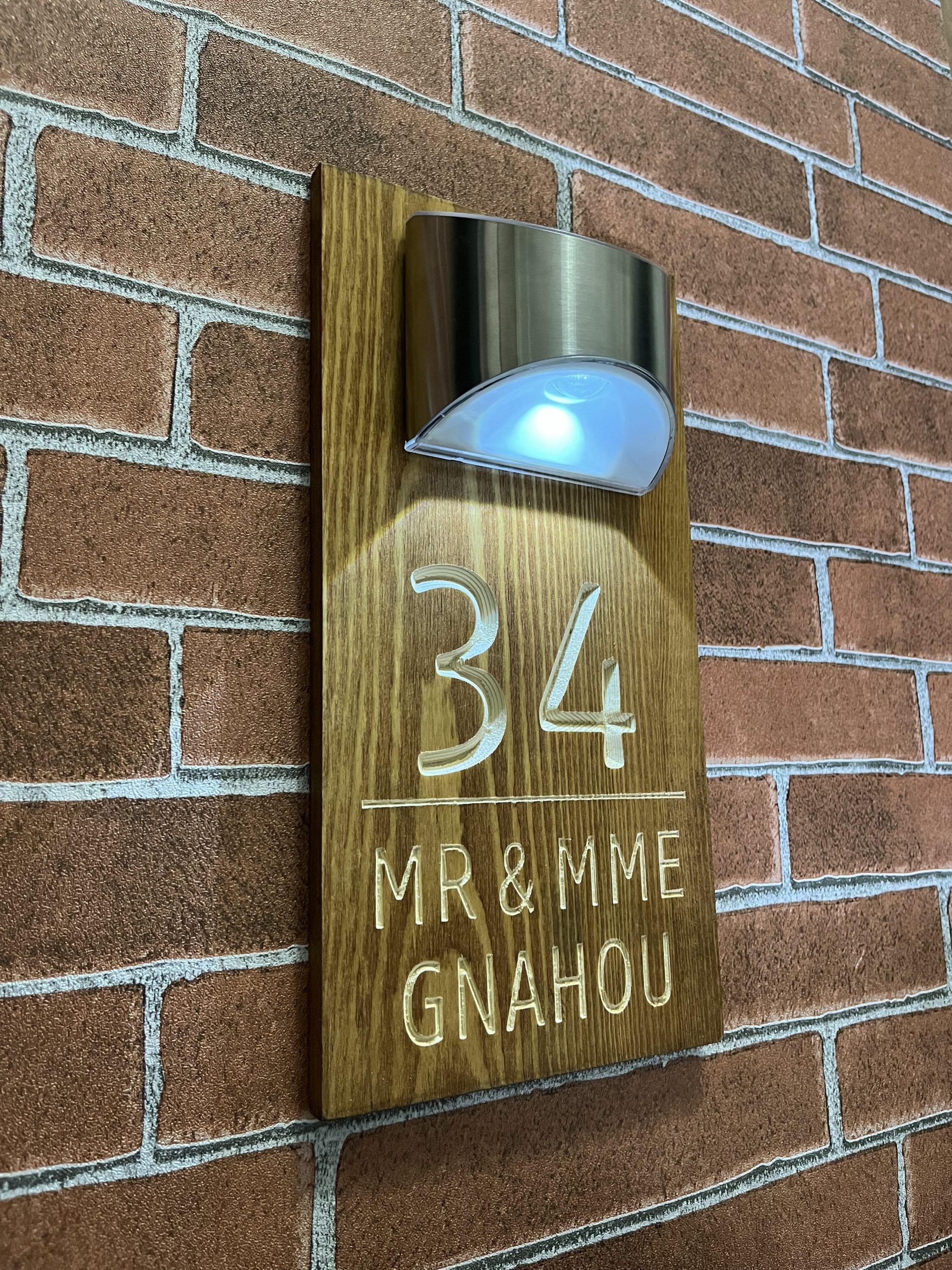 Custom engraved solid wood solar house sign – view 2