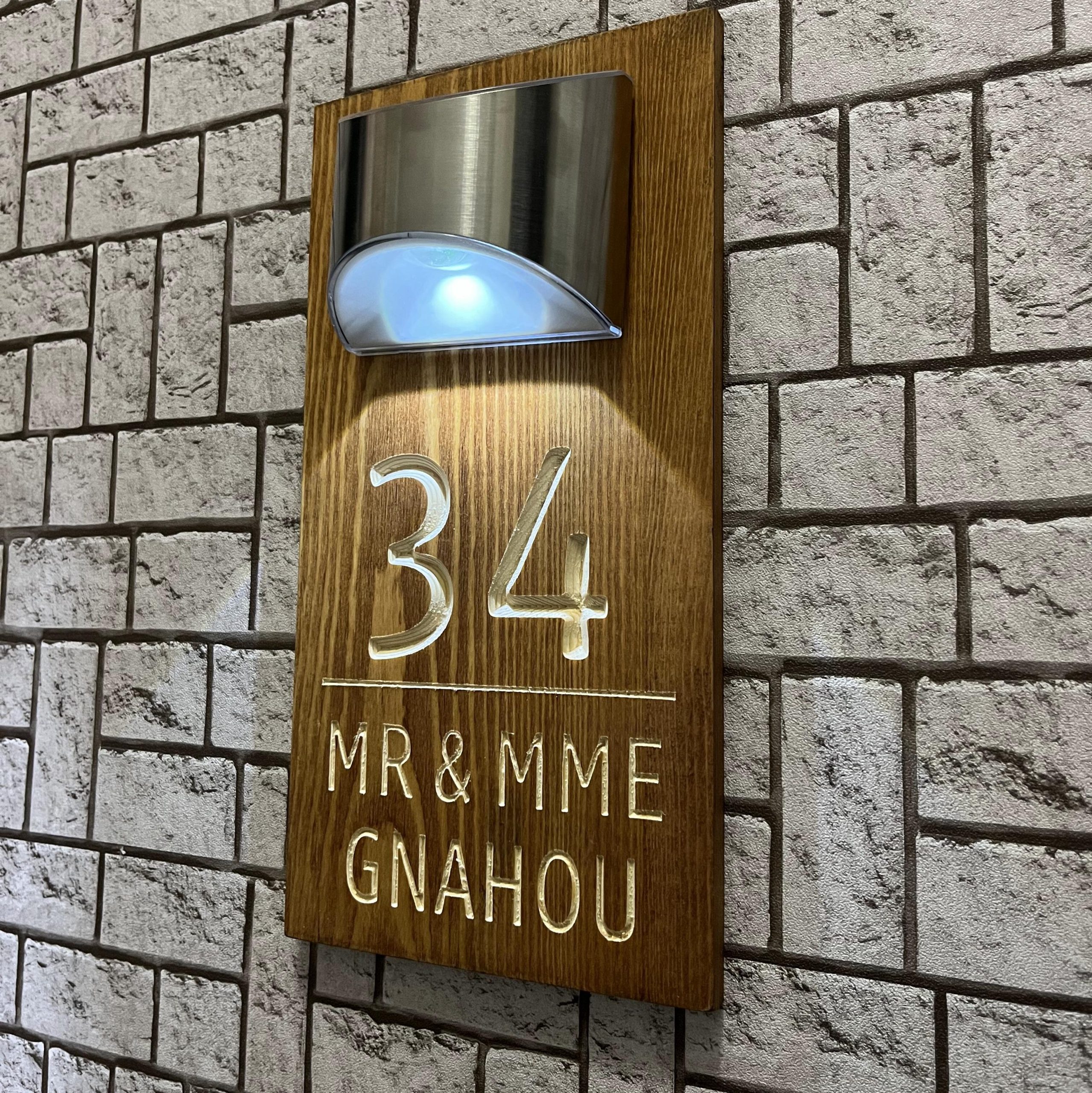 Custom engraved solid wood solar house sign – view 3