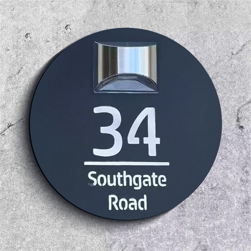 Round laser-cut solar house number plate in a double-layered hollow design
