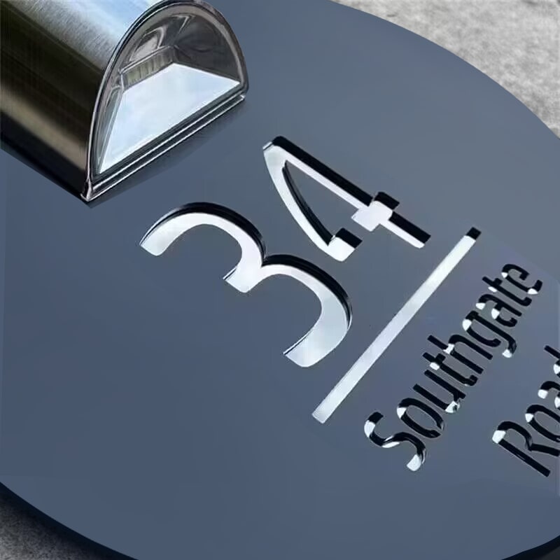 Personalized round solar laser-cut house number plate – view 6