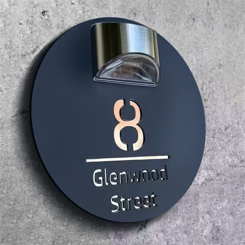 Personalized round solar laser-cut house number plate – view 7