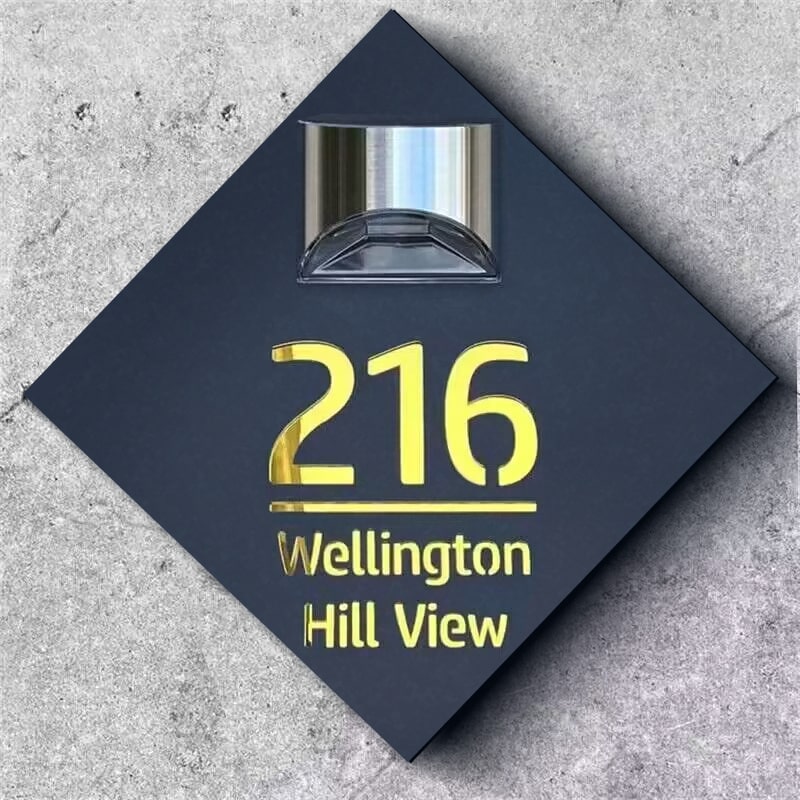 Personalized diamond solar house number plaque with laser-cut numbers