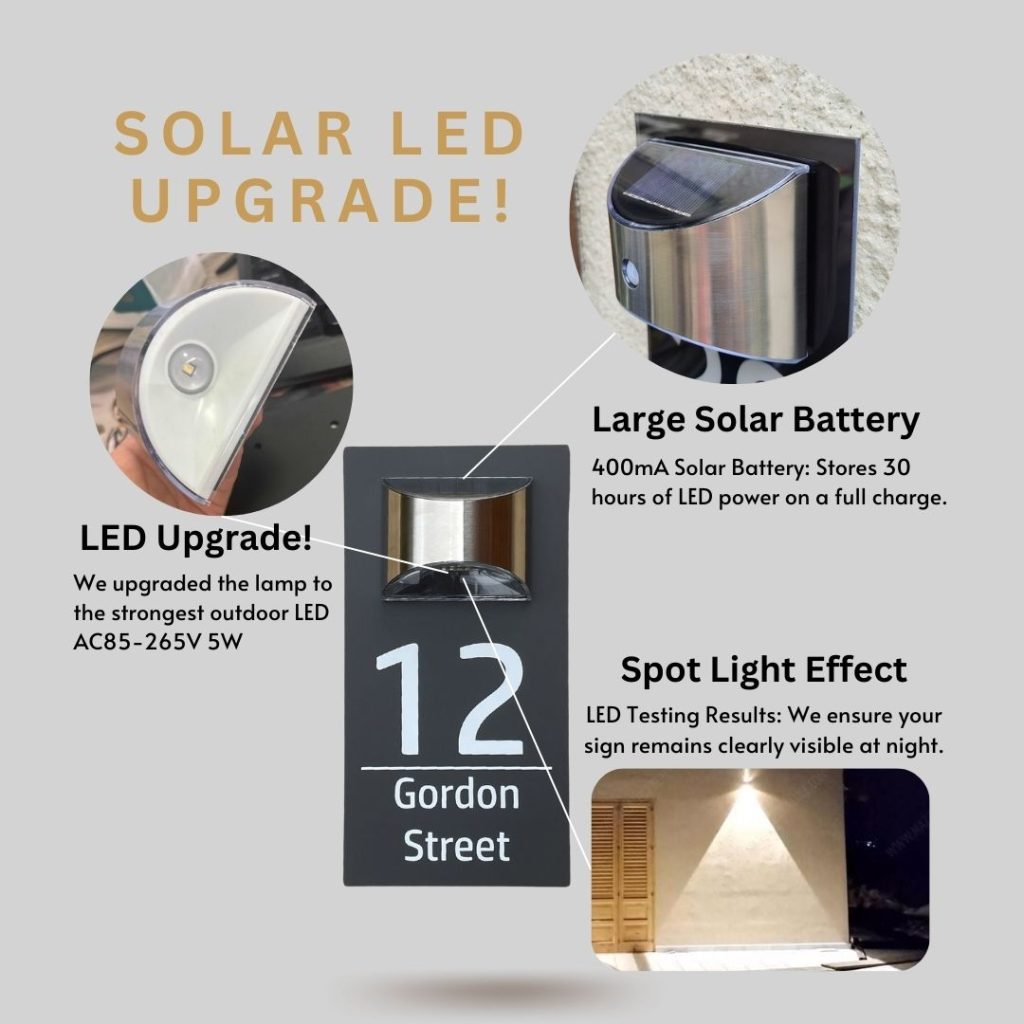 Rectangle solar LED house number sign lit at night