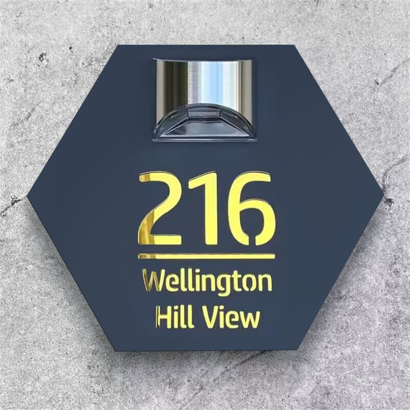 Hexagonal solar house number sign personalized in several languages