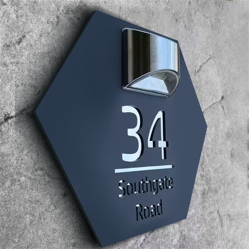 Hexagon house plate with custom house number and street name