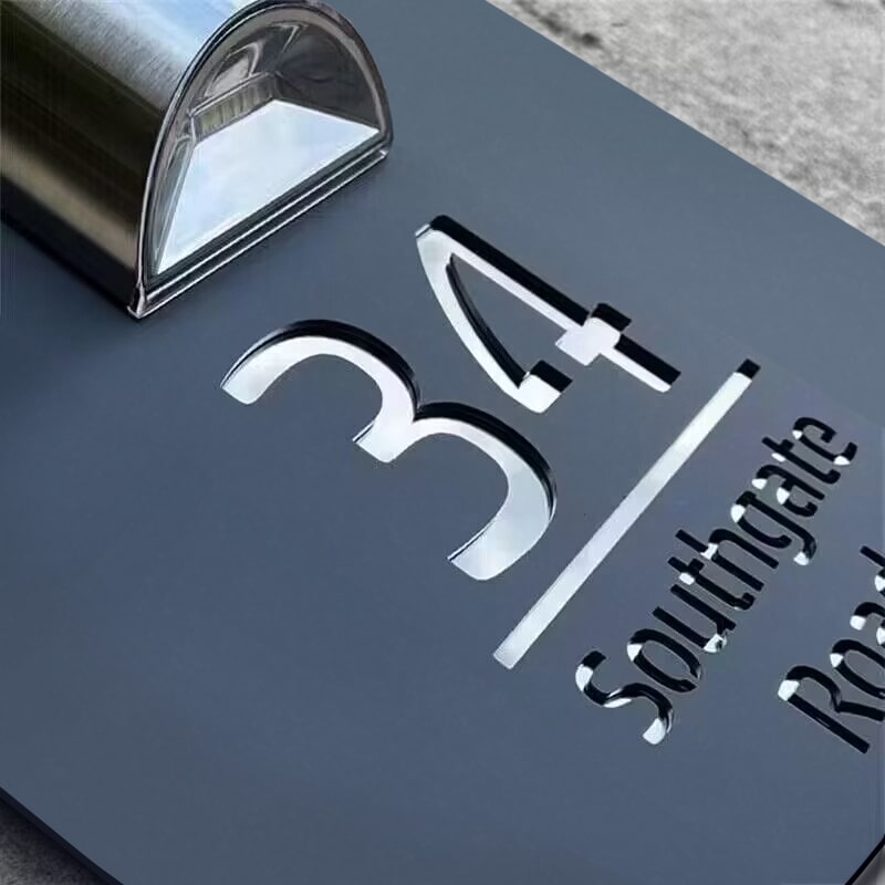 Square solar house plate with solar panel and brushed aluminum light