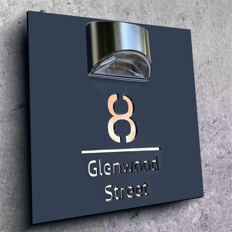Personalized square solar house number plaque with laser-cut address