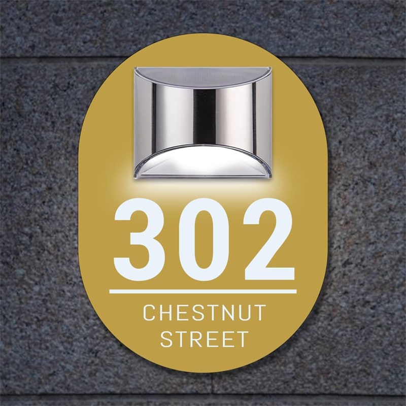 UV-printed oval solar house sign showing textured detail