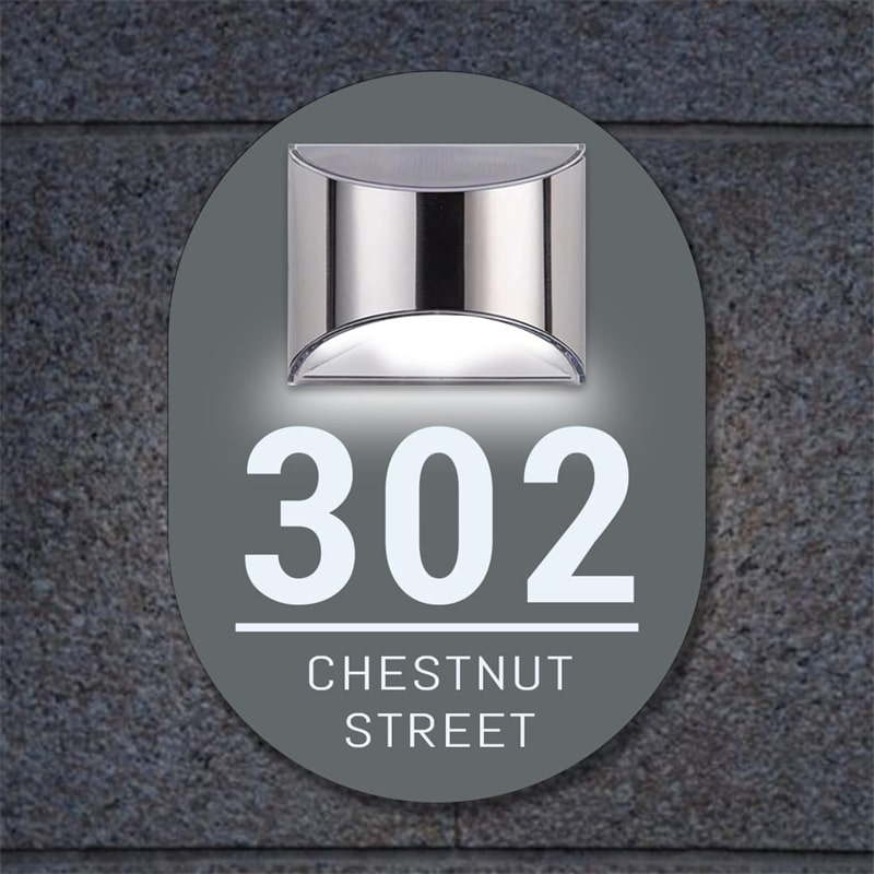 Oval matte acrylic house sign with hidden bracket fixings