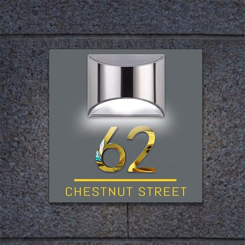Personalized square 3D solar house number sign – view 3