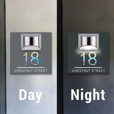 Personalized house number and street name on a 3D solar sign