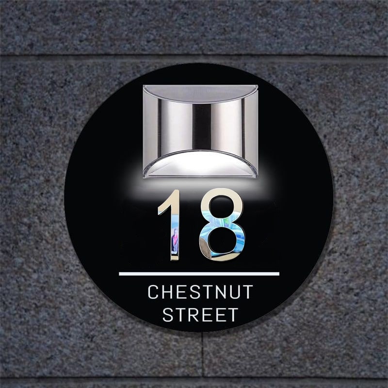Personalized round solar 3D house number sign – view 2
