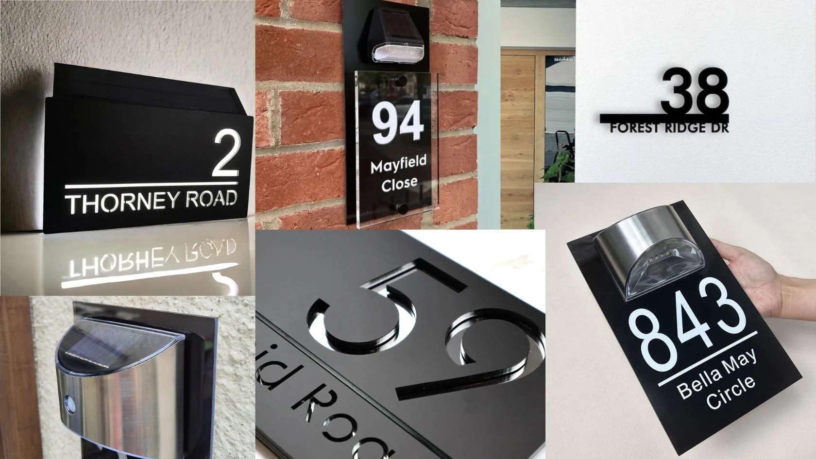 Collection of personalized acrylic house number signs with solar lights