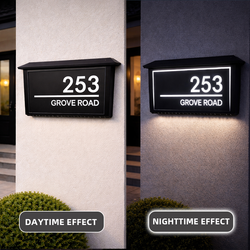 Personalized solar LED backlit house number sign – view 4