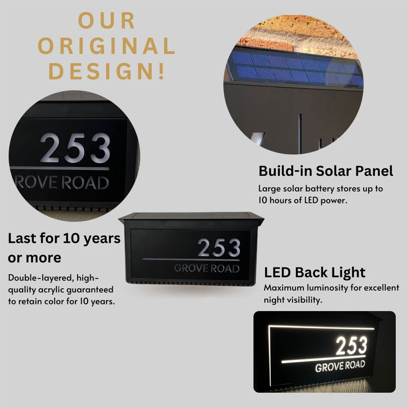 Solar LED backlit house number sign glowing at night